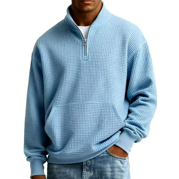 Mens Quarter Zip Pullover Waffle Knit Textured 1/4 Zip Up Sweatshirt Business Trendy Lightweight Big And Tall Shirts Light Blue M