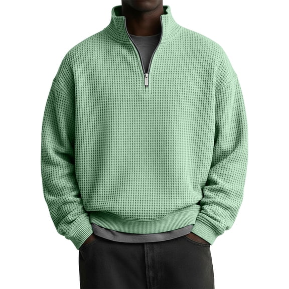 Mens Quarter Zip Pullover Waffle Knit Textured 1/4 Zip Up Sweatshirt Business Trendy Lightweight Big And Tall Shirts Light Green M