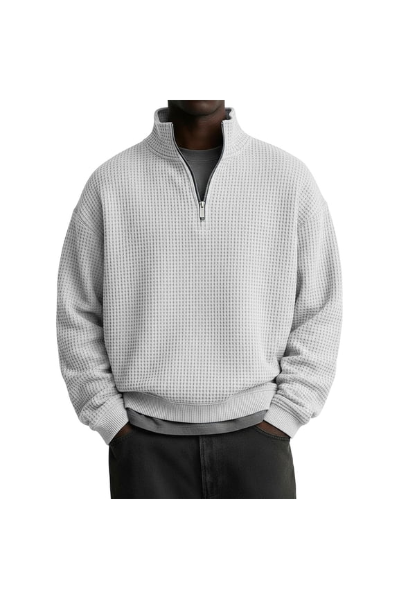 Mens Quarter Zip Pullover Waffle Knit Textured 1/4 Zip Up Sweatshirt Business Trendy Lightweight Big And Tall Shirts White 3XL