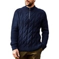 thumbnail image 1 of Mens Quarter Zip Sweater Cable Knitted Mock Neck Pullover Sweaters Textured Solid Long Sleeve Knitwear Tops (S, Navy), 1 of 3