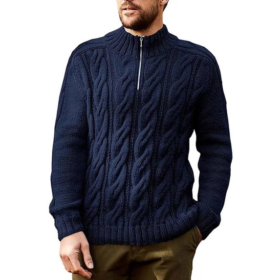Mens Quarter Zip Sweater Cable Knitted Mock Neck Pullover Sweaters Textured Solid Long Sleeve Knitwear Tops (S, Navy)