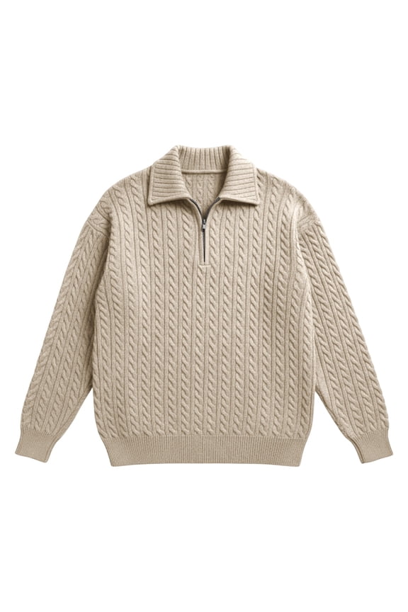 Mens Quarter Zip Sweater Long Sleeve Cable Knit Neck Polo Soft Casual Pullover Sweaters Beige 3XL