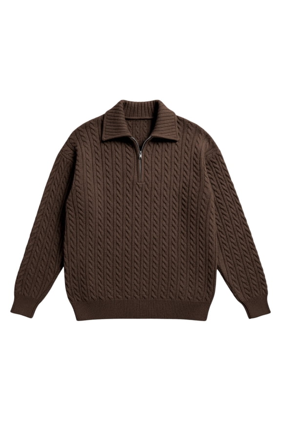 Mens Quarter Zip Sweater Long Sleeve Cable Knit Neck Polo Soft Casual Pullover Sweaters Brown 3XL