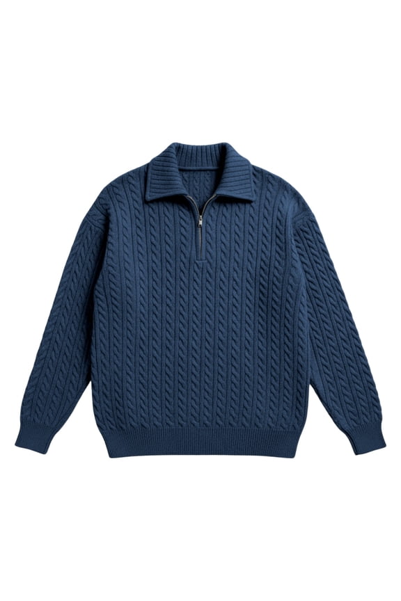 Mens Quarter Zip Sweater Long Sleeve Cable Knit Neck Polo Soft Casual Pullover Sweaters Navy M