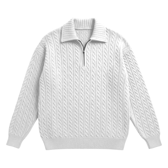 Mens Quarter Zip Sweater Long Sleeve Cable Knit Neck Polo Soft Casual Pullover Sweaters White M