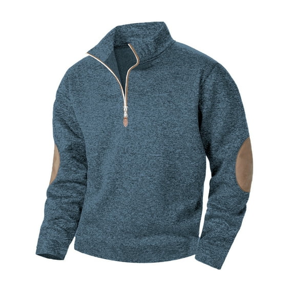 Mens Quarter Zip Sweatshirts with Leather Elbow Patches Fleece Warm Stand Collar Sweatshirt Vintage Athletic Pullover Tops Outdoor Loose Outfits Workout Cozy Clothes