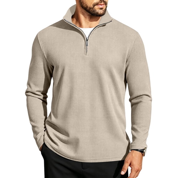 Mens Quarter Zip Up Polo Shirts Waffle Knit Long Sleeve Pullover Lightweight Fashion Breathable Lapel Top