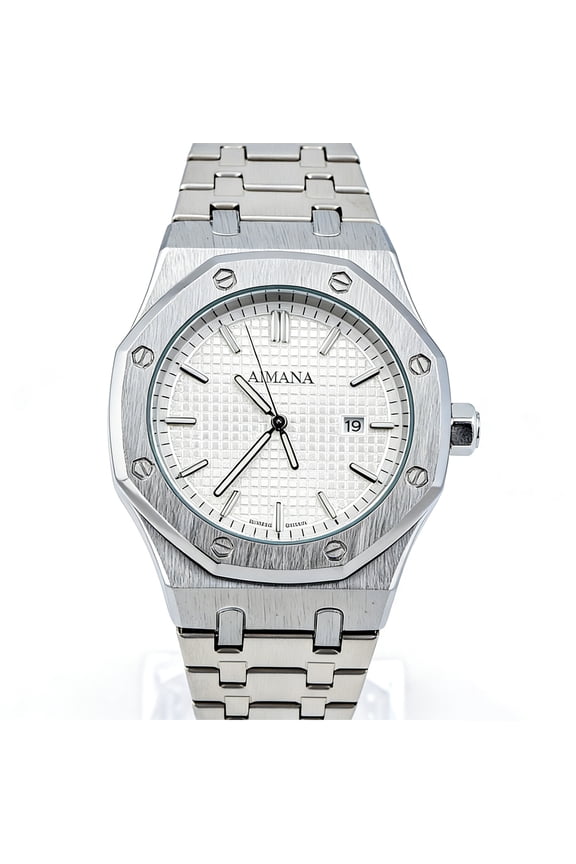 Mens Quartz Watch with 43mm Silver Waffle Dial, Stainless Steel Band, Luminous Hands & Date Display