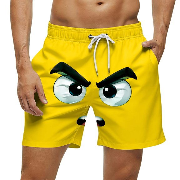 Bwndum Mens Quick Dry Board Shorts Funny 3D Angry Face Print Swim Trunks with Pockets Novelty Summer Beach Vacation Shorts for Men Yellow S-5XL,Size M
