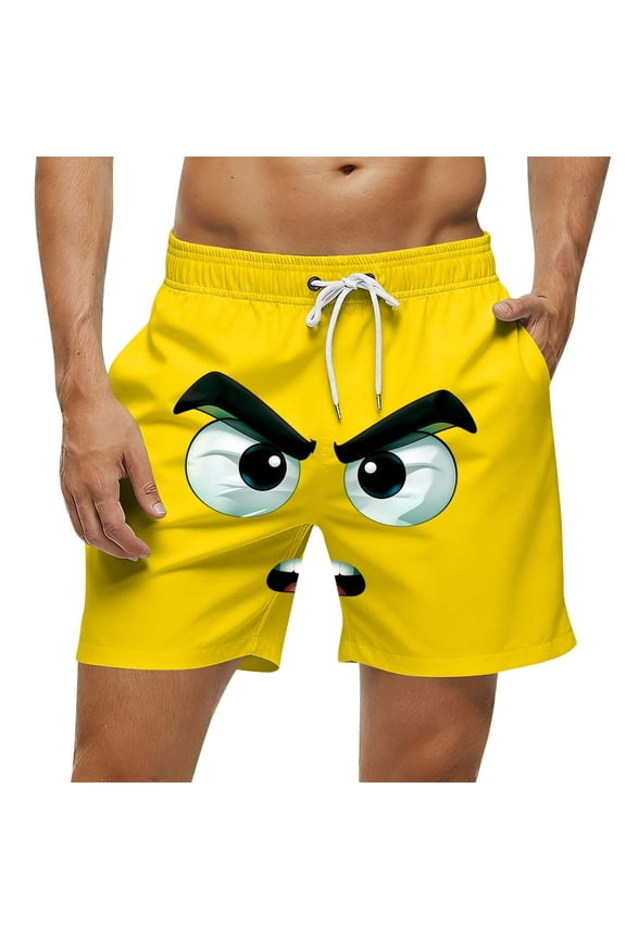Mens Quick Dry Board Shorts Funny 3D Angry Face Print Swim Trunks with Pockets Novelty Summer Beach Vacation Shorts for Men Yellow S-5XL,Size S