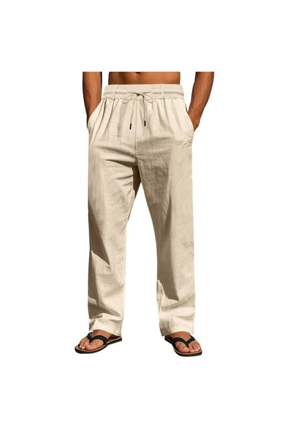 Mens Quick Dry Casual Pants, Men's Cotton Linen Pants Elastic Waist Drawstring Casual Trouser Lightweight Straight-Legs Loose Beach Yoga Pants S-3XL