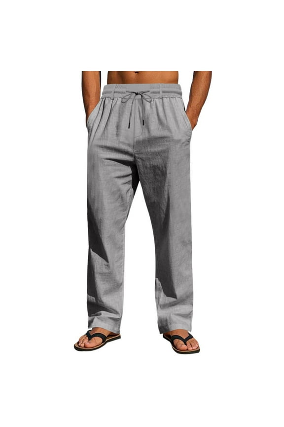 Mens Quick Dry Casual Pants, Men's Cotton Linen Pants Elastic Waist Drawstring Casual Trouser Lightweight Straight-Legs Loose Beach Yoga Pants S-3XL