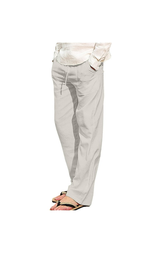 Mens Quick Dry Pants, Men's Cotton Linen Pants, Summer Beach Pants Casual Loose Fit with Elastic Waist Drawstring Big & Tall S-5XL