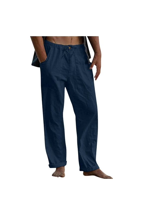 Mens Quick Dry Sweat Pants, Men's Cotton Linen Pants, Summer Beach Pants Casual Loose Fit with Elastic Waist Drawstring S-5XL
