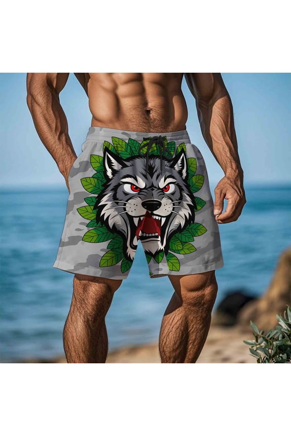 Mens Quick Dry Swim Trunks Camo Wolf Print Beach Board Shorts Elastic Waist with Pockets Gray,Size 3XL