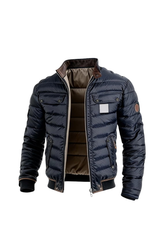 Mens Quilted Blend Jacket With Contrast Panels Outdoor Casual Warm Zip Up Coat Clothes