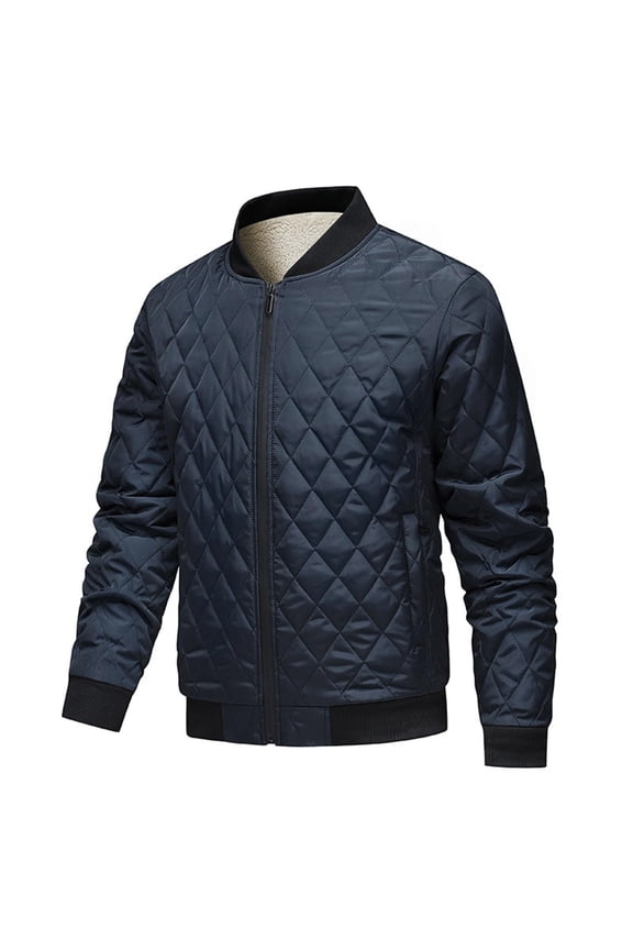 Mens Quilted Bomber Jacket Fleece Lined Diamond Rib Varsity Lightweight Coat for Fall Winter Casual Wear