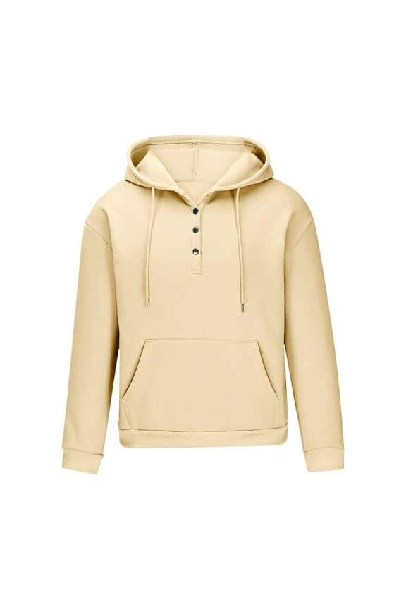 Mens Quilted Hoodies Pullover Half Snap Button Trendy Sweatshirt Fall Winter V Neck Tops Pocket Drawstring Hooded