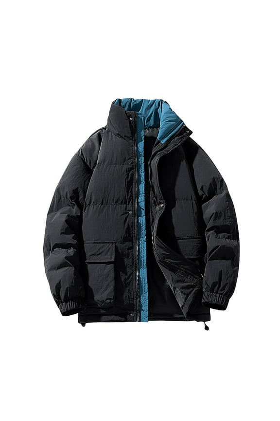 Mens Quilted Jacket Collar Patchwork Bomber Lightweight Outwear Men Casual Color Block Pocket Turndown Collar Long Sleeve Parkas with Pockets