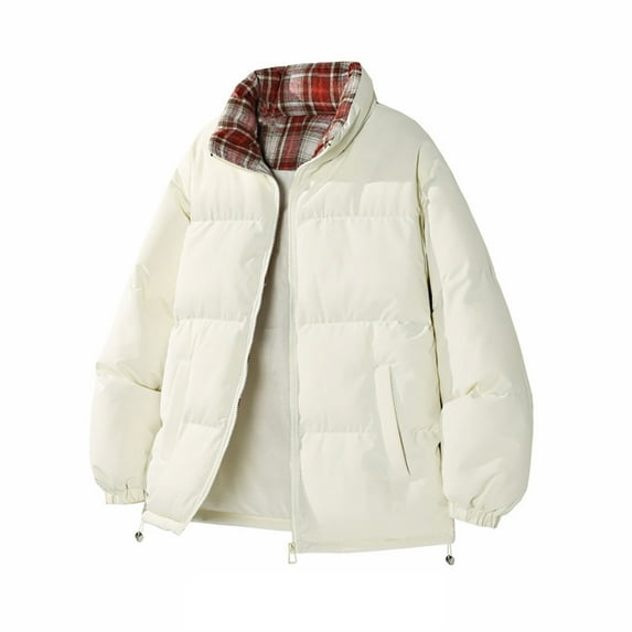 Mens Quilted Jacket Plaid Lined Winter Stand Collar Zip Up Coat Warm Solid Color Coats Comfortable Relaxed Fit for Casual,Beige,XXXXL