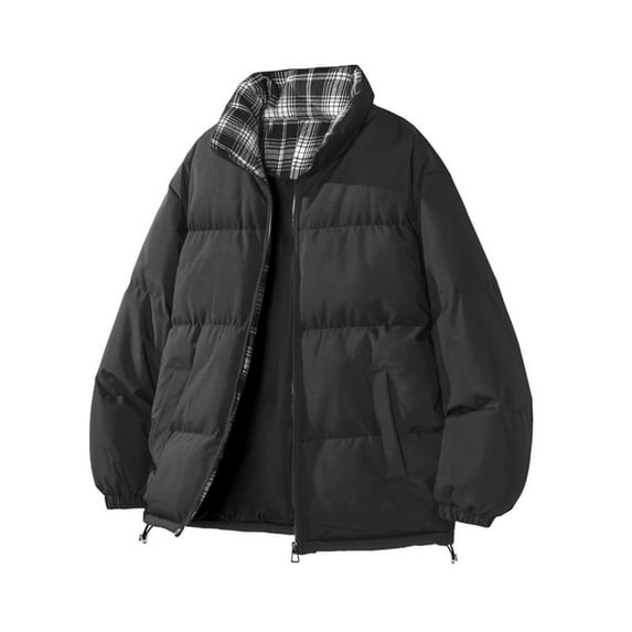 Mens Quilted Jacket Plaid Lined Winter Stand Collar Zip Up Coat Warm Solid Color Coats Comfortable Relaxed Fit for Casual,Black,L