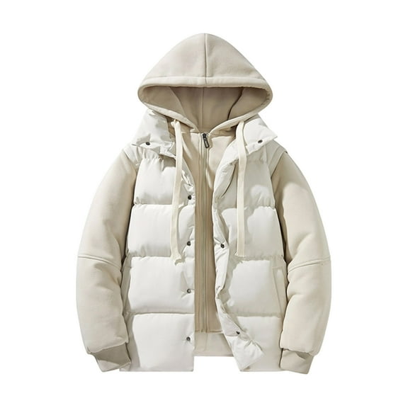Mens Quilted Jacket Windproof Water Resistant Winter Coats Mock Two Pieces Hooded Thermal Insulated Warm Casual Outdoor Commute,Beige,XL