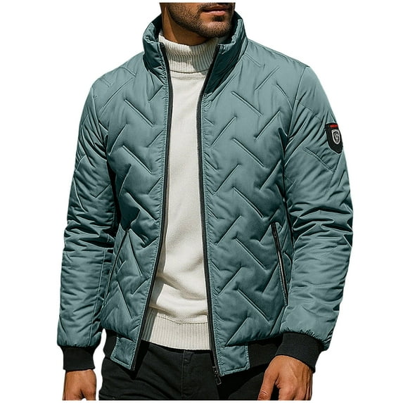 Mens Quilted Jackets Mid-weight Stand Collar Full Zip Winter Coat No Hood Thick Warm Windbreaker with Pockets (5XL, Green)