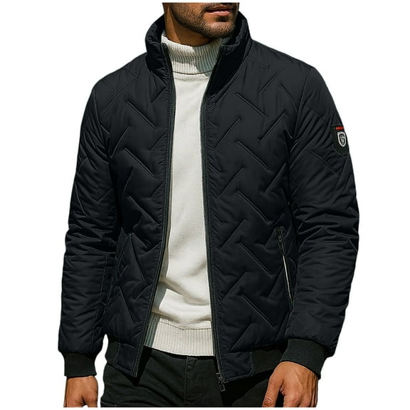 Mens Quilted Jackets Mid-weight Stand Collar Full Zip Winter Coat No Hood Thick Warm Windbreaker with Pockets (XL, Black)