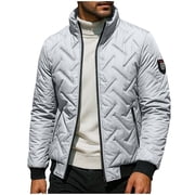 Mens Quilted Jackets Mid-weight Stand Collar Full Zip Winter Coat No Hood Thick Warm Windbreaker with Pockets XL, Gray