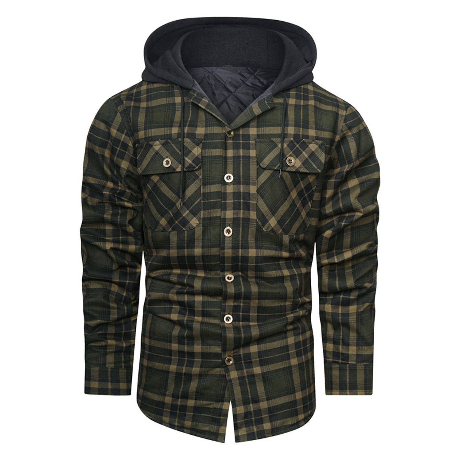 Mens Quilted Lined Flannel Jackets Plus Size Thicken Hooded Plaid Shirt Jacket Heavyweight Long