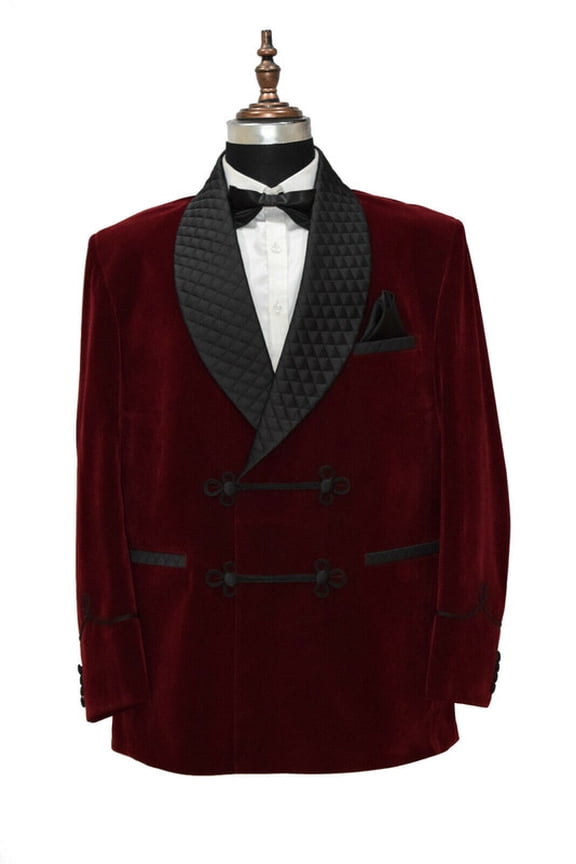 Mens Quilted Maroon Velvet Smoking Jacket – Grooms Wedding & Evening Party