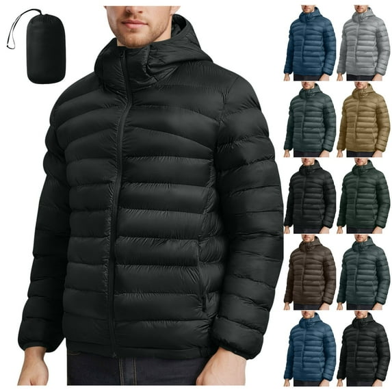 Mens Quilted Packable Puffer Jacket Lightweight Winter Warm Hooded Coat Windproof Zipper Up Jacket with Pockets