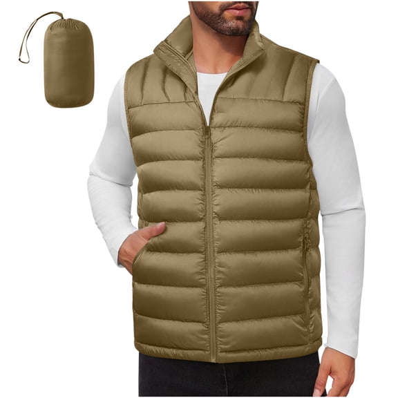 Mens Quilted Packable Puffer Vest Lightweight Winter Warm Hooded Coat Windproof Zipper Up Sleeveless Jacket with Pockets