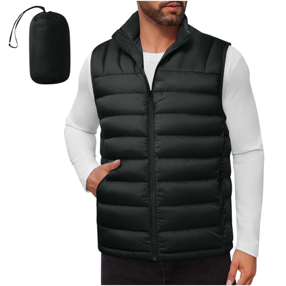 Mens Quilted Packable Puffer Vest Lightweight Winter Warm Hooded Coat Windproof Zipper Up Sleeveless Jacket with Pockets