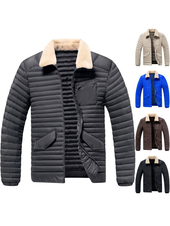 Mens Quilted Padded Jacket Sherpa Lined Fuzzy Collar Winter Insulated Coat Warm,Full Zip, Waterproof, Chest Zipper Pocket for Casual, Travel, Outdoor, Snow