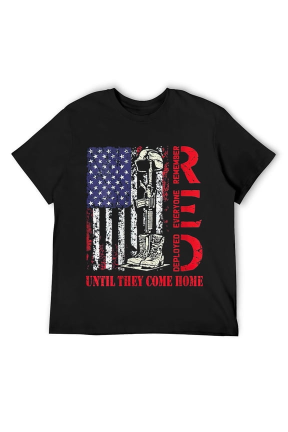 Mens R.E.D. Shirt Military Remember Everyone Deployed USA Flag Round Neck T-Shirt