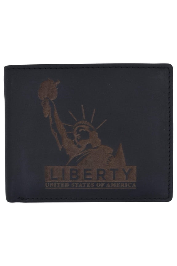 Mens RFID Blocking Cowhide Leather Bifold Wallet Statue of Liberty Logo