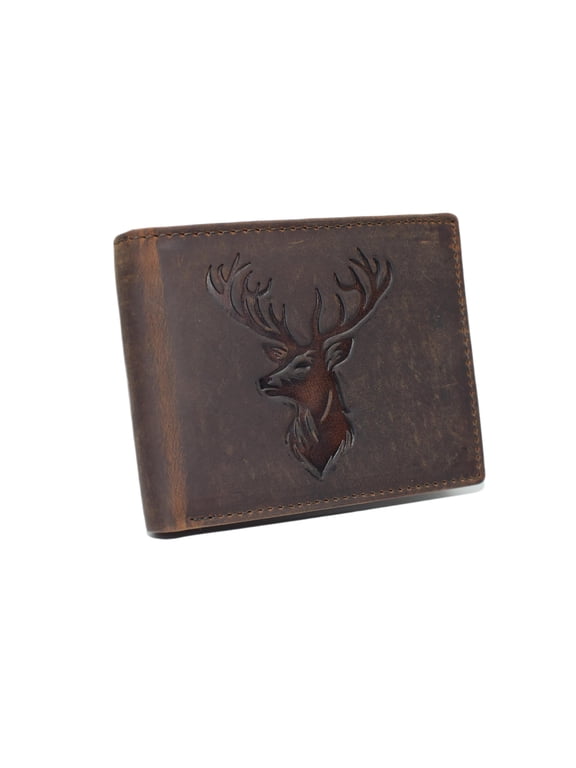 Mens RFID Blocking Deer Head Leather Wallet Rustic Genuine Leather Bifold for Hunters & Outdoorsmen Brown