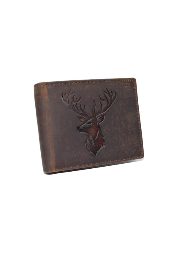 Mens RFID Blocking Deer Head Leather Wallet  Rustic Genuine Leather Bifold for Hunters & Outdoorsmen Brown