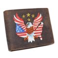 thumbnail image 1 of Mens RFID Blocking Leather Bifold Wallet  Patriotic American Eagle with USA Flag Design  Vintage Genuine Leather Brown with Gold Stars, 1 of 9