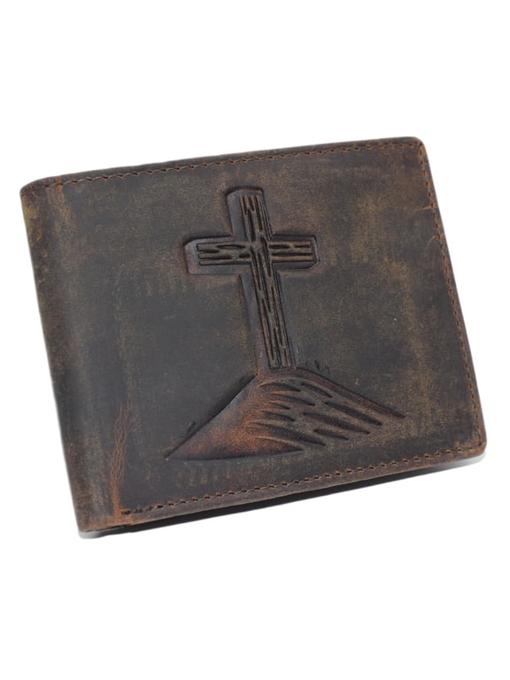 Mens RFID Blocking Wallet Christian Cross Design, Vintage Leather Bifold Brown