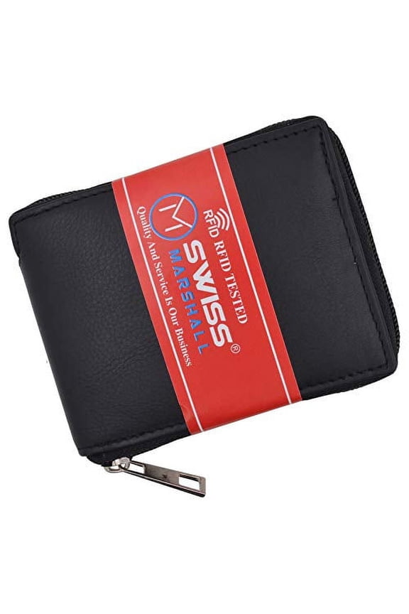 Mens RFID Blocking Zip Around Wallet Cowhide Leather Zipper ID Flap Bifold with Gift Box