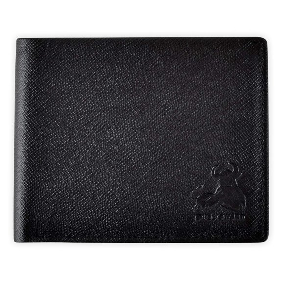 Mens RFID Leather Wallet Bifold on Black Saffiano Leather, Secure and Durable Extra Capacity Billfold with 11 Credit Cards, Flip Up ID, Tight Stitching & Quick Thumb Push Access, Gift Boxed A101