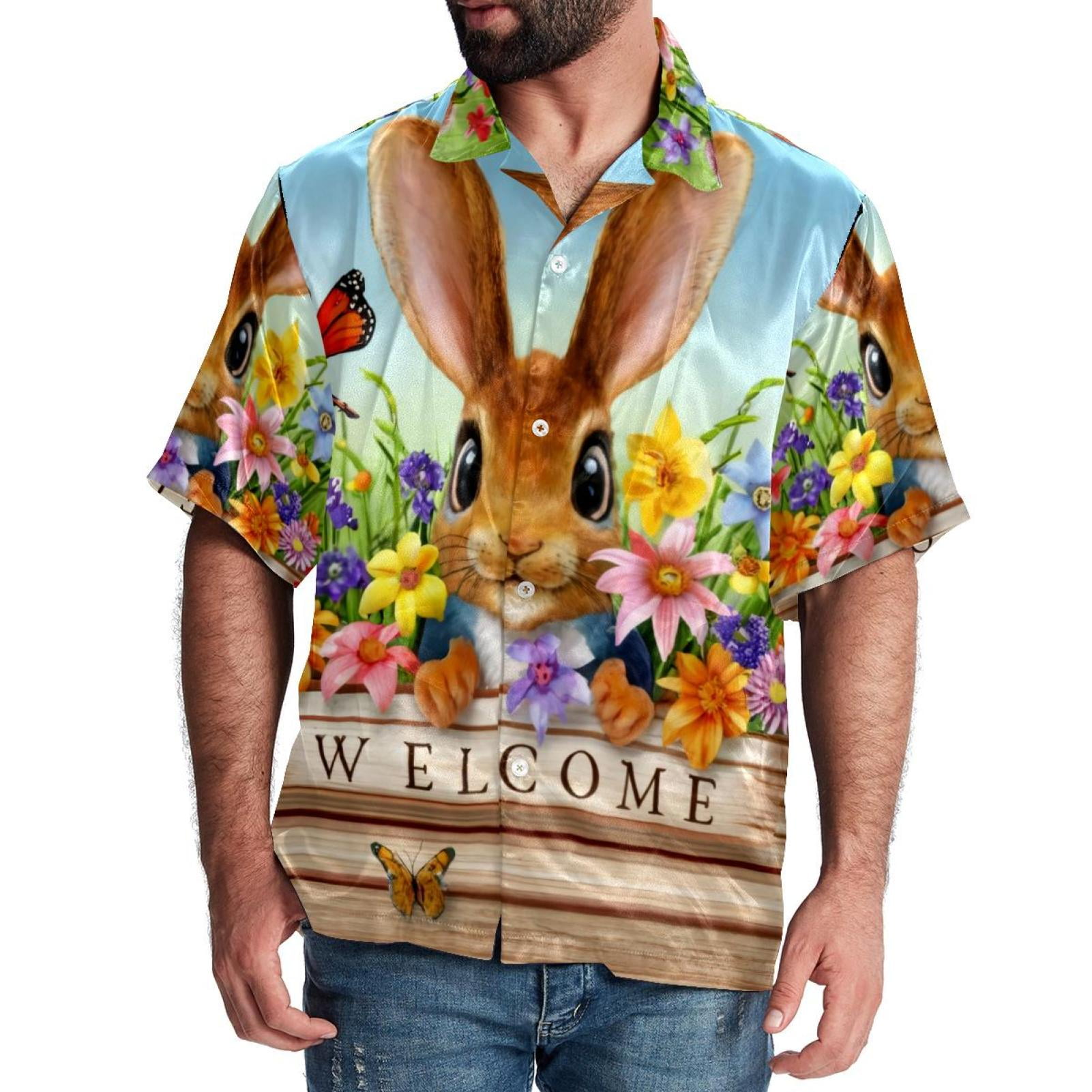 Howling Rabbit Shirt Mens Rabbit on Wood Plank Welcome Short Sleeve Hawaiian Shirts Casual ...