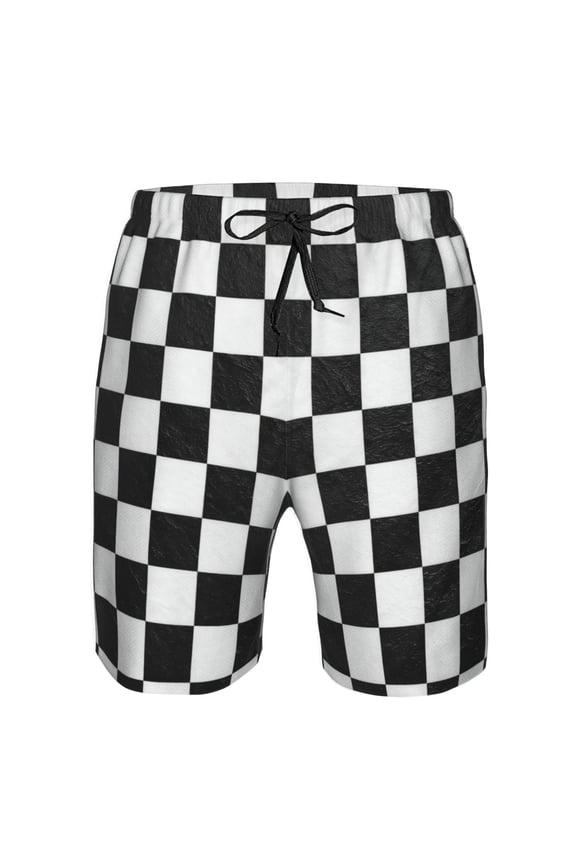 Mens Race Waving Checkered Flag Boardshort Casual Drawstring Stretch Summer Beach Shorts X-Large