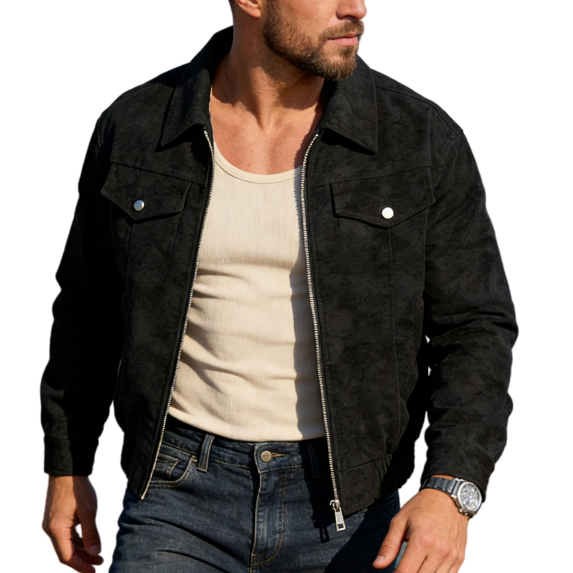 RAOENJADO Mens Racer Jacket PU Faux Leather Bomber Varsity Coat Casual Vintage Biker Streetwear Black XL