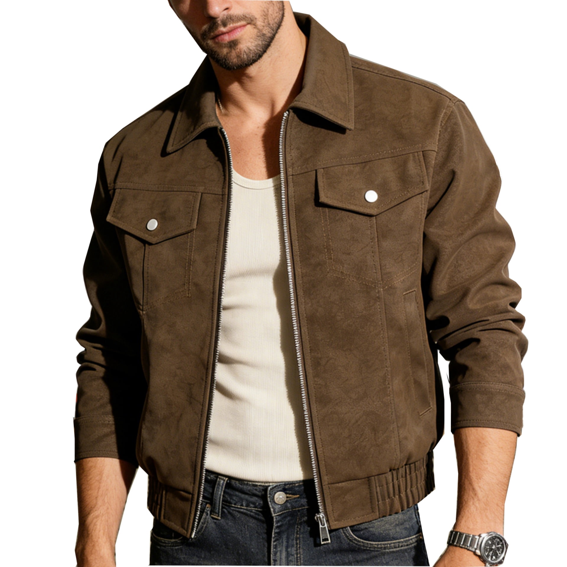 RAOENJADO Mens Racer Jacket PU Faux Leather Bomber Varsity Coat Casual Vintage Biker Streetwear Brown L