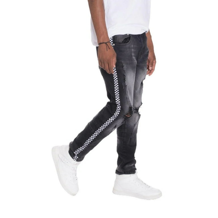 Mens black jeans with side stripe deals