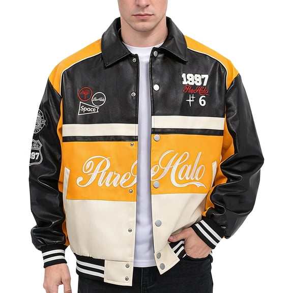 RAOENJADO Mens Motorcycle Jacket PU Leather Racer Car Coat Vintage Style Biker Streetwear