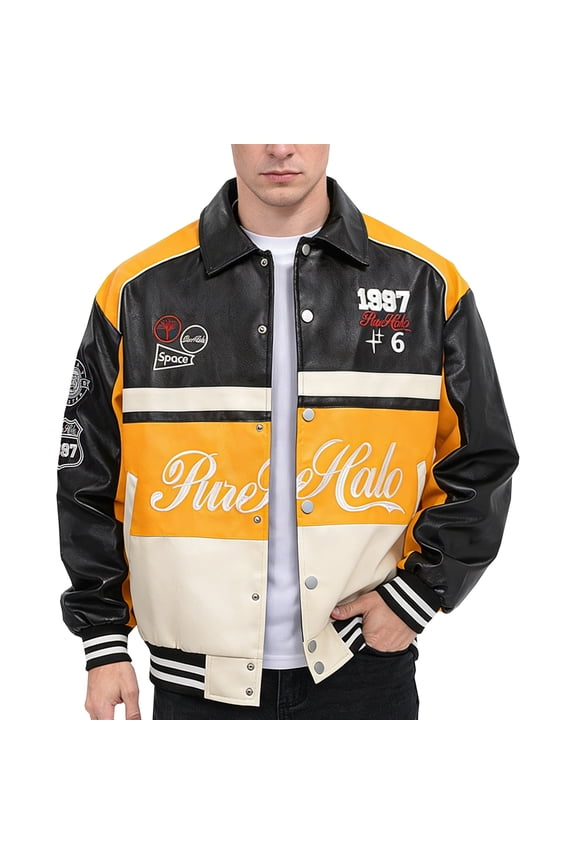 Mens Motorcycle Jacket PU Leather Racer Car Coat Vintage Style Biker Streetwear
